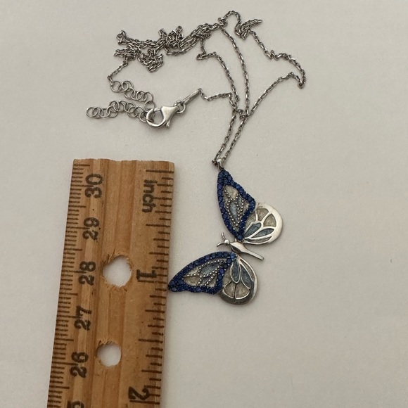 925 Silver butterfly necklace blue cz stones and blue white handmade enamel - Picture 3 of 4